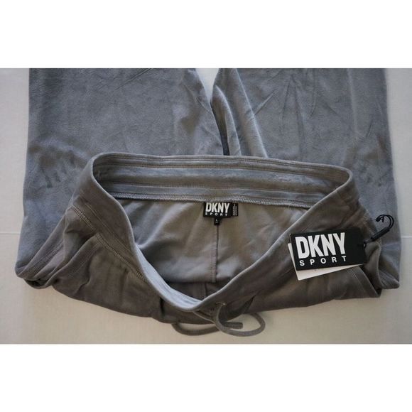 DKNY Sport DP2P3138 Women's Sz L Steel Gray Rhinestone Logo Velour Track Pants - Picture 8 of 10
